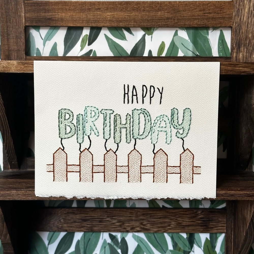 Hand-Embroidered Birthday Card - Balloons on a Fence